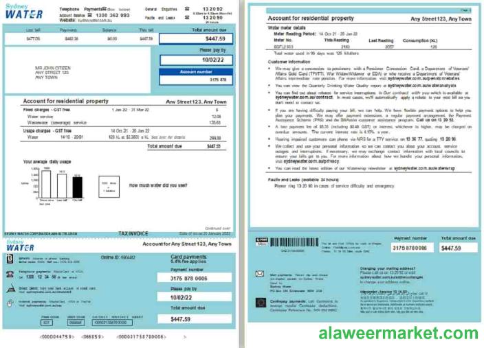 Australia Sydney Water utility bill, Word and PDF template, 2 pages